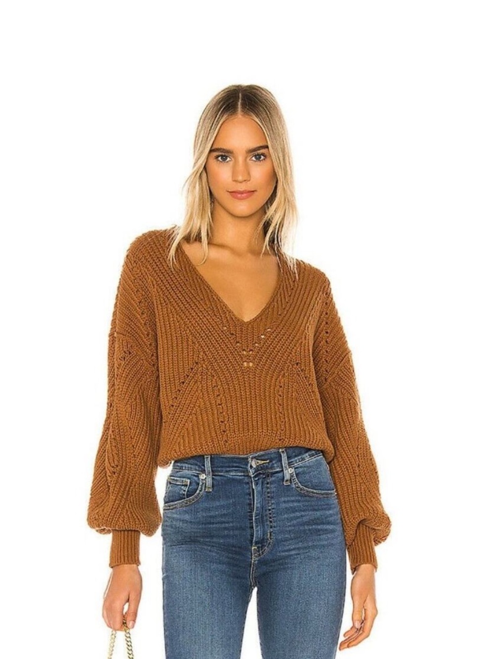 Free People Women's Brown All Day Long V-Neck Pullover Sweater